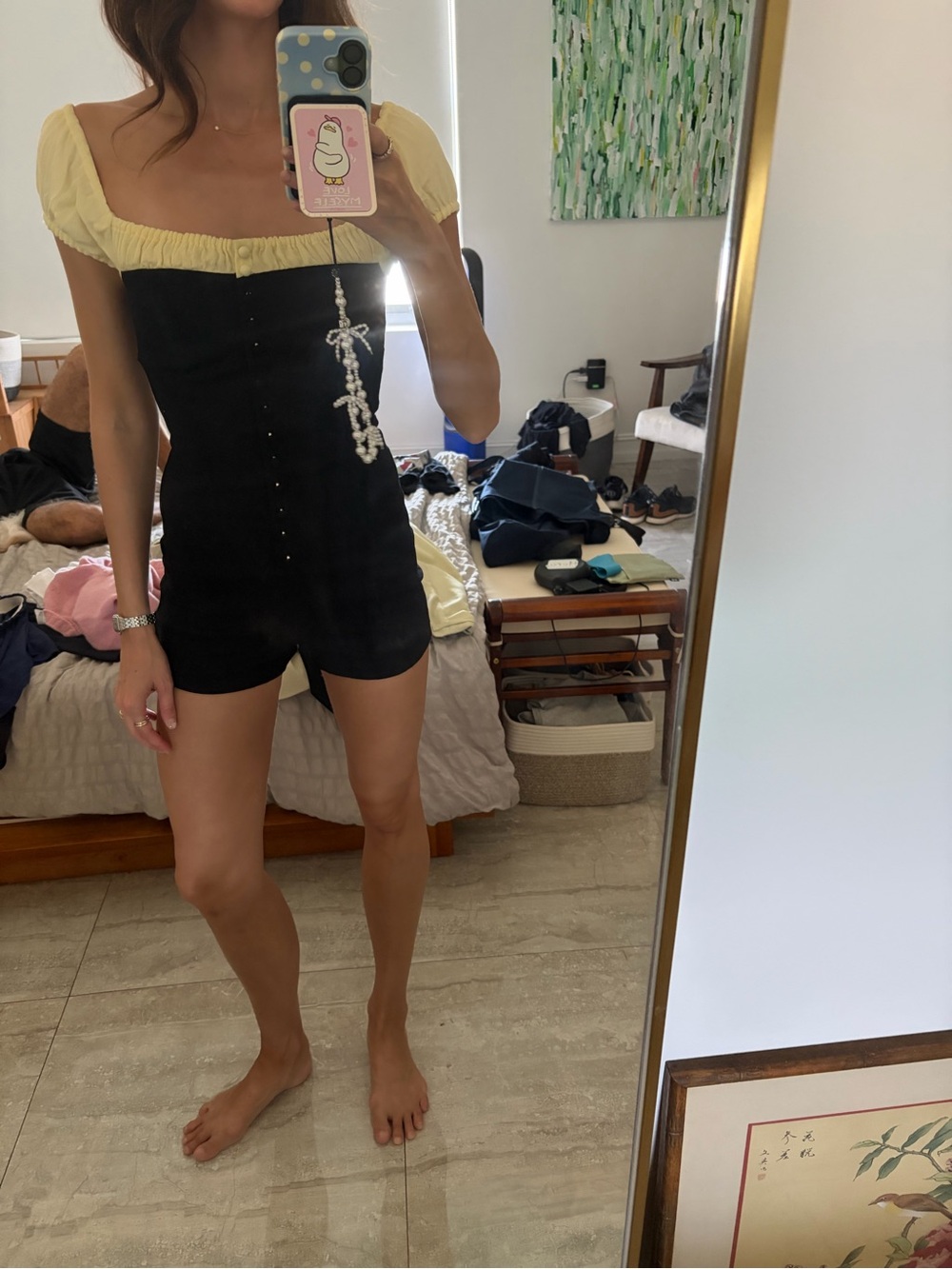 Maeve Black Romper with Cream Puff Shoulders